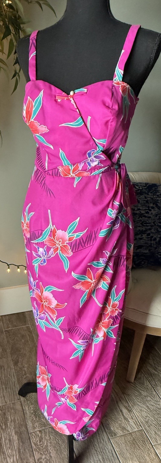 Vtg 50s 60s Paradise Hawaii Hot Pink Floral Twist Bust Sarong Maxi Dress Beachy