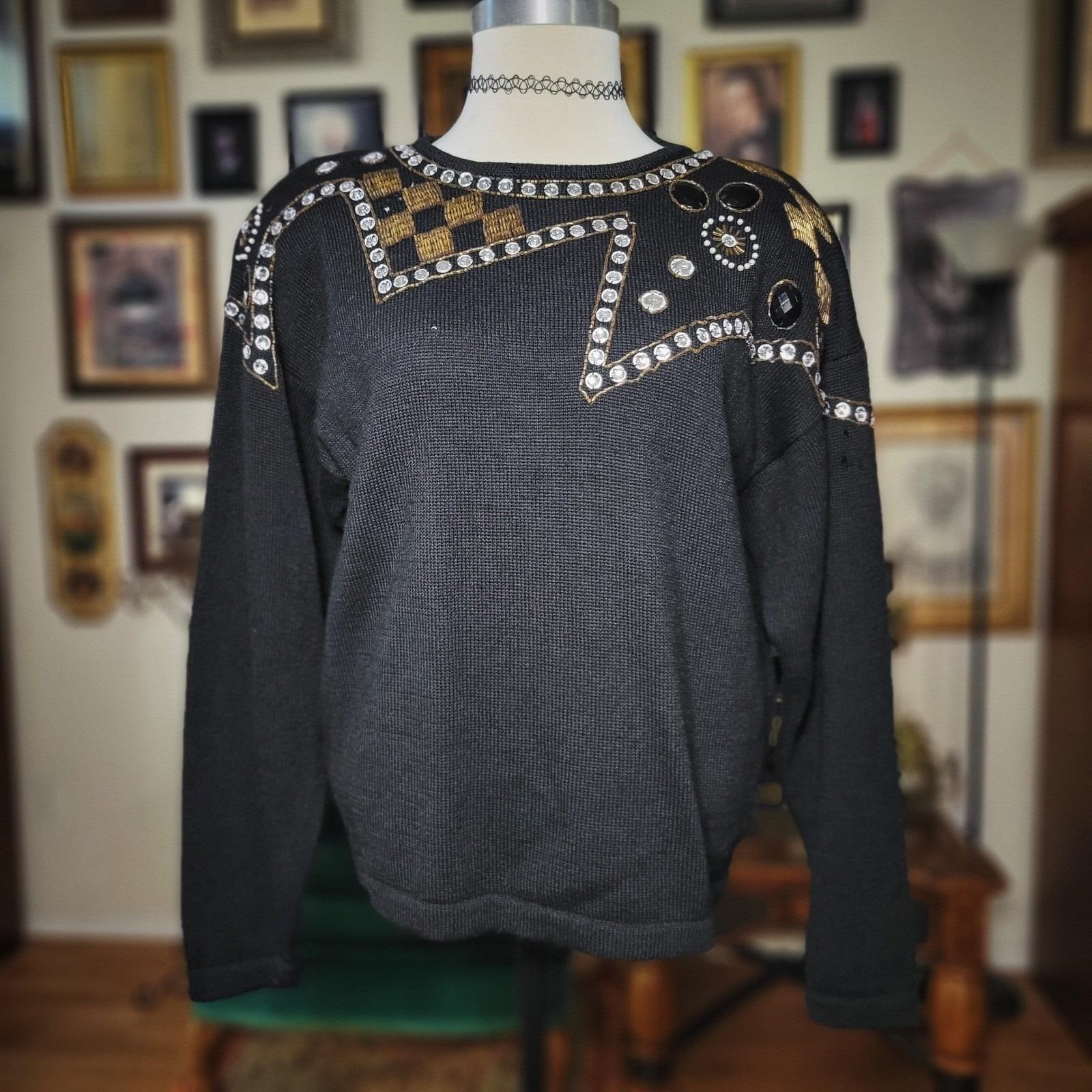 Cervelle Wool Sweater Vintage 80s Beaded Embellished Black Knit Top Large 6470C