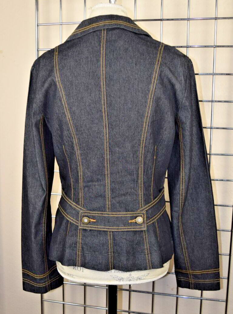 Vintage Denim Blazer Jacket Bisou Bisou Size 8 90s Blue Gold Stitch Fitted