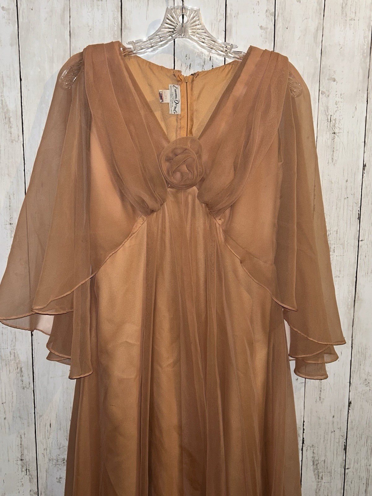 Emma Domb California Dress 14 Empire Waist Cape Sleeve Orange Chiffon Altered
