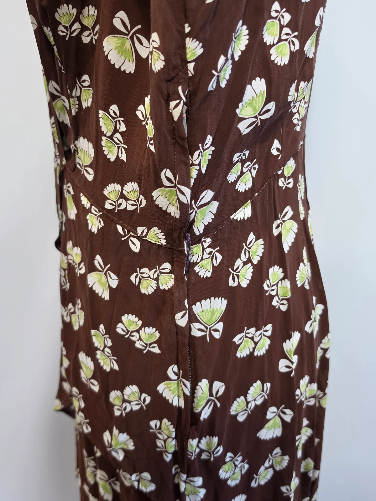 Vintage 1930s 1940s Brown Peplum Dress Flower Print Tulip Novelty (34″ waist)