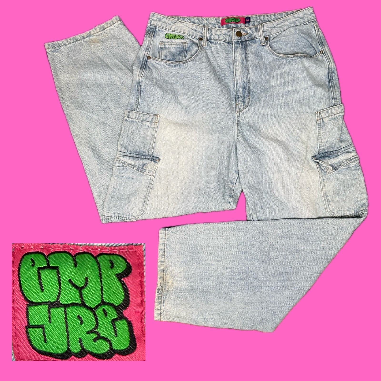Y2K Empyre Cargo Jeans Womens 14 Baggy Wide Leg Light Wash Skate Grunge 90s