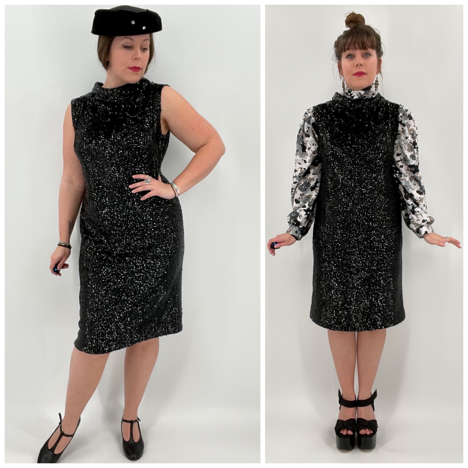 Vintage Valentina 60s Black Wool Sequin Sleeveless Shift Dress | Size L/XL