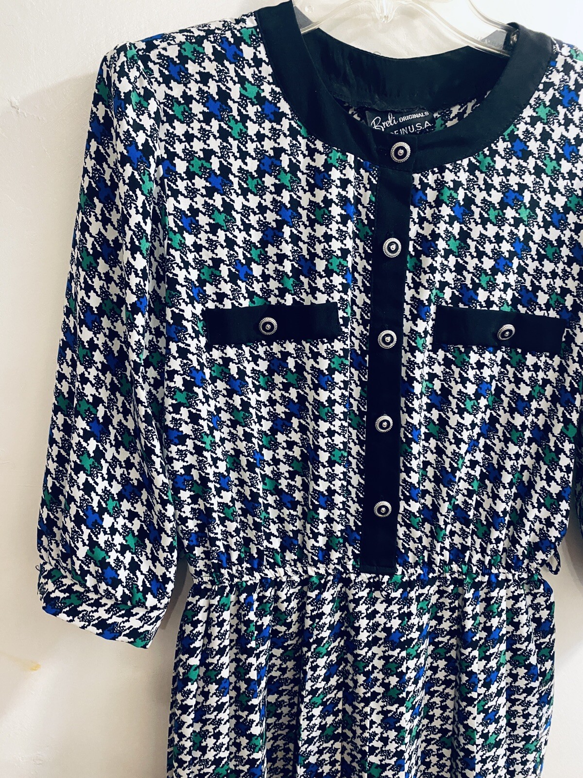 Vtg Brelis Blouson Dress Womens 10 Green Black Secretary Padded Puffed *No BELT