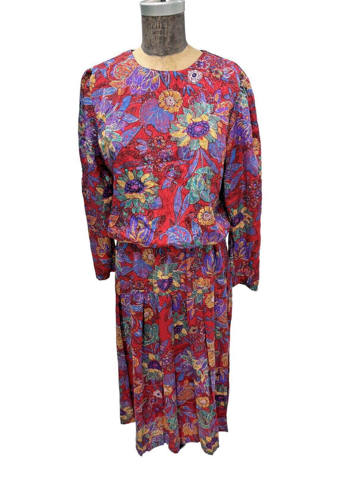 Vintage 1980s Starlo Fashions Bright Retro Pattern Drop Waist Dress 11/ 12