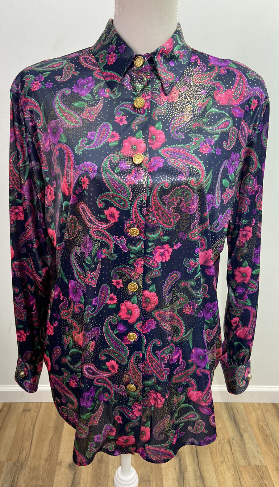 Vintage Silver Threads Multi-Color Floral Paisley Shiny Button Shirt Size Medium