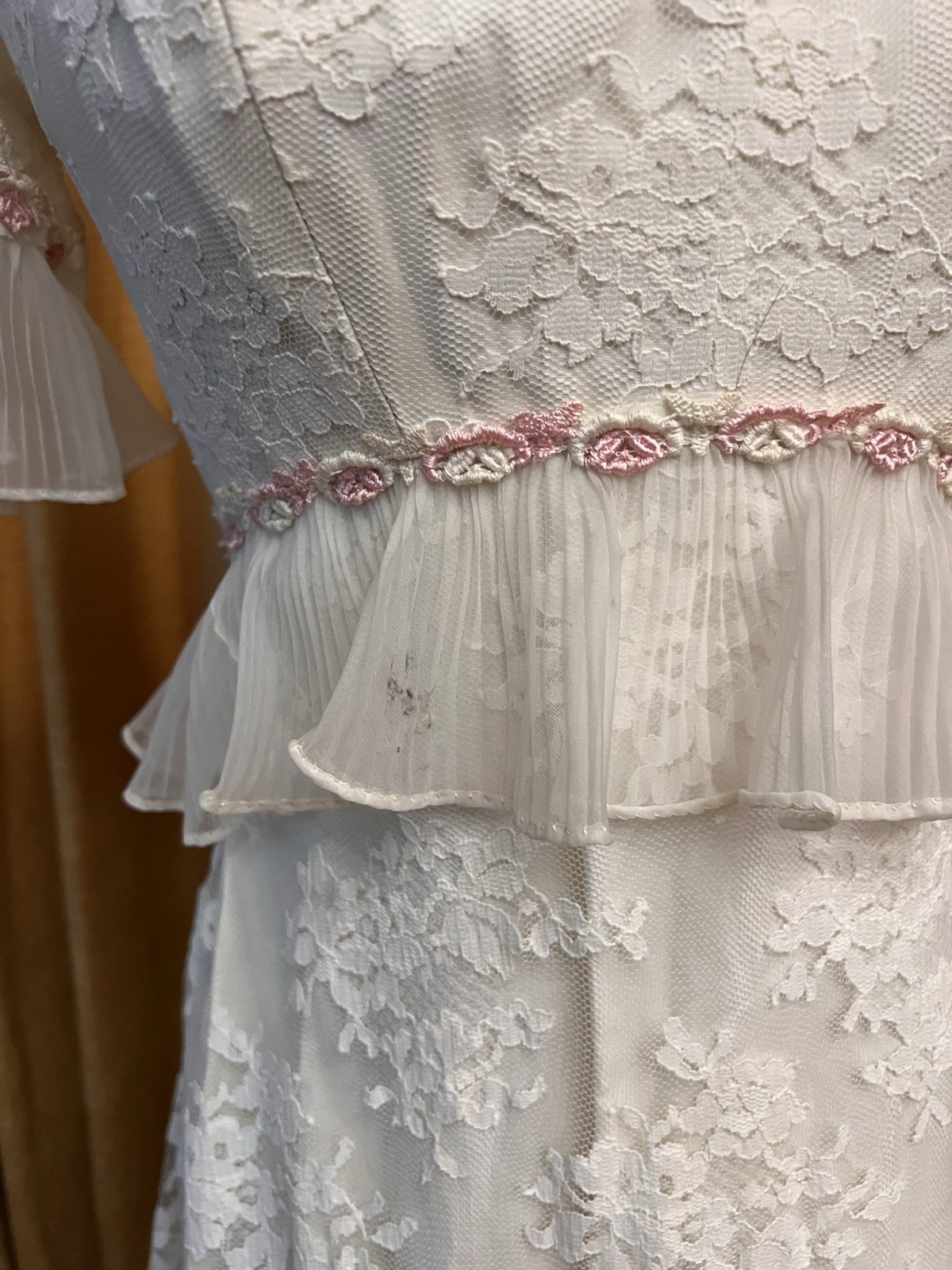 Vintage 1960s Empire Waist Lace Wedding Dress With Rose Appliqué And Ruffles