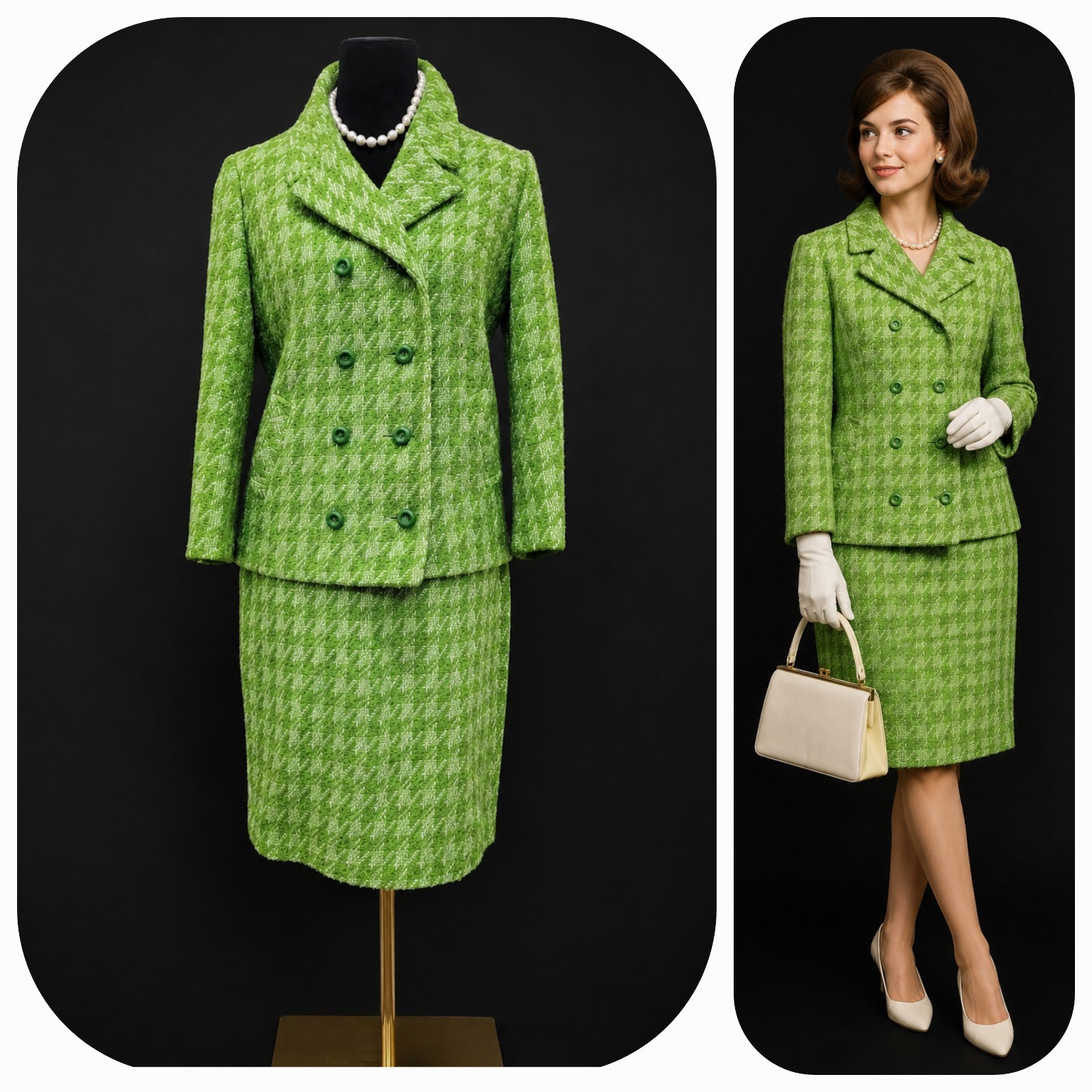 VTG 1960s Green Wool Tweed Skirt Suit Double Breasted Jackie O Mod