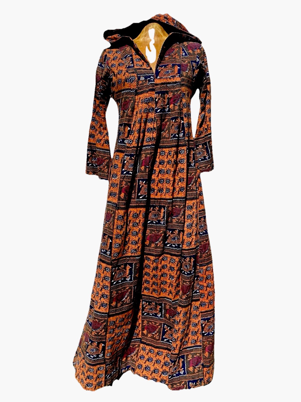 1970s Vintage Hooded Kaftan Maxi Dress With Turkey Print Boho Hippie