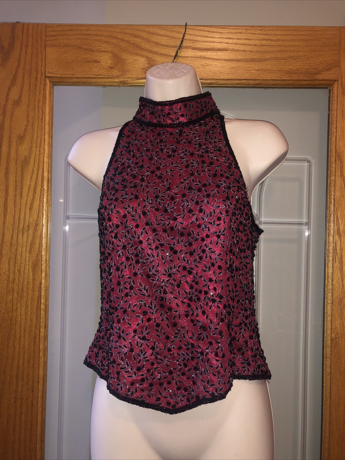 Papell Boutique Evening VTG SZ Small Burgundy SILK Beaded Sequins Sleeveless Top