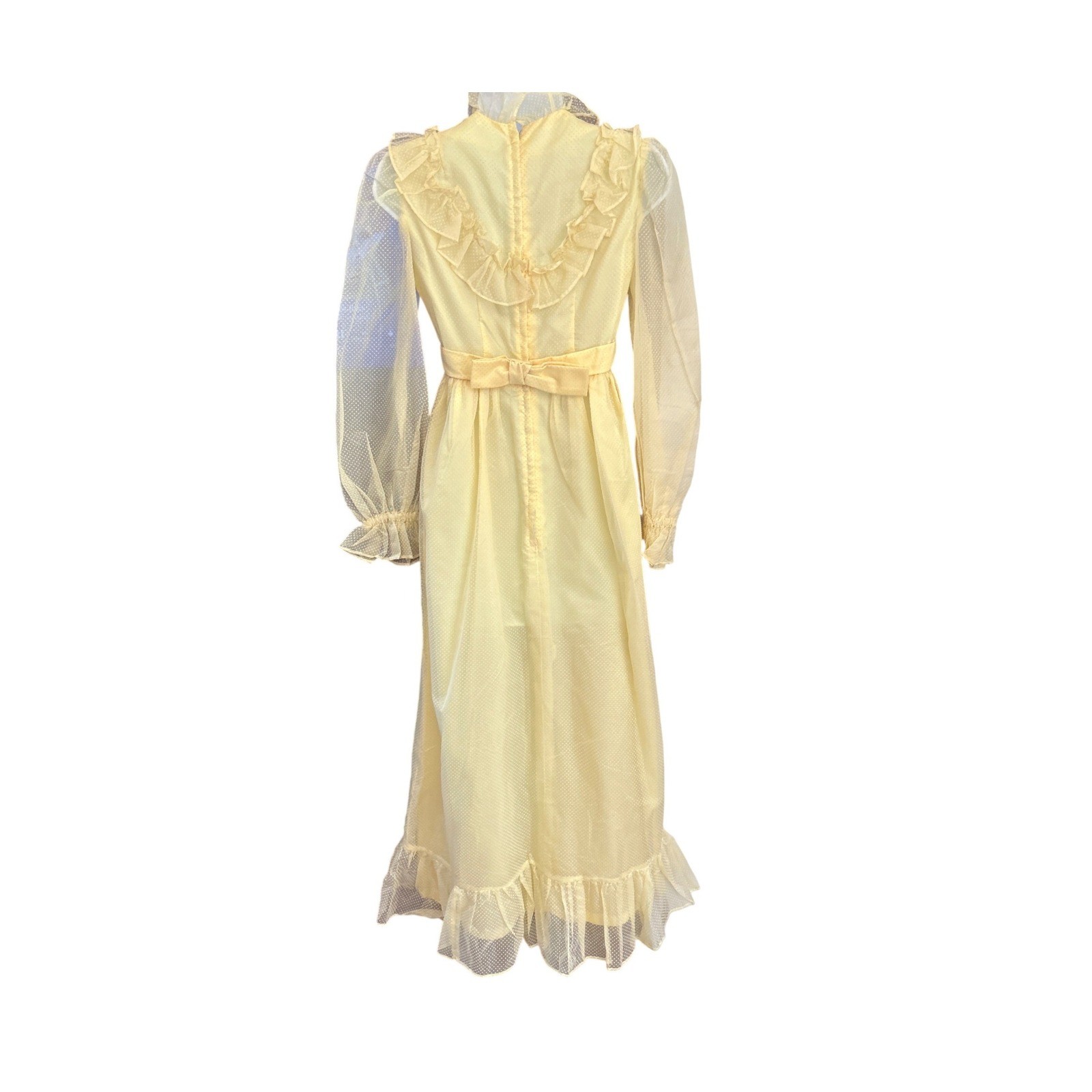 70s Swiss Dot Yellow Maxi Dress Cottagecore Prairie Point d’Esprit Ruffle Trim
