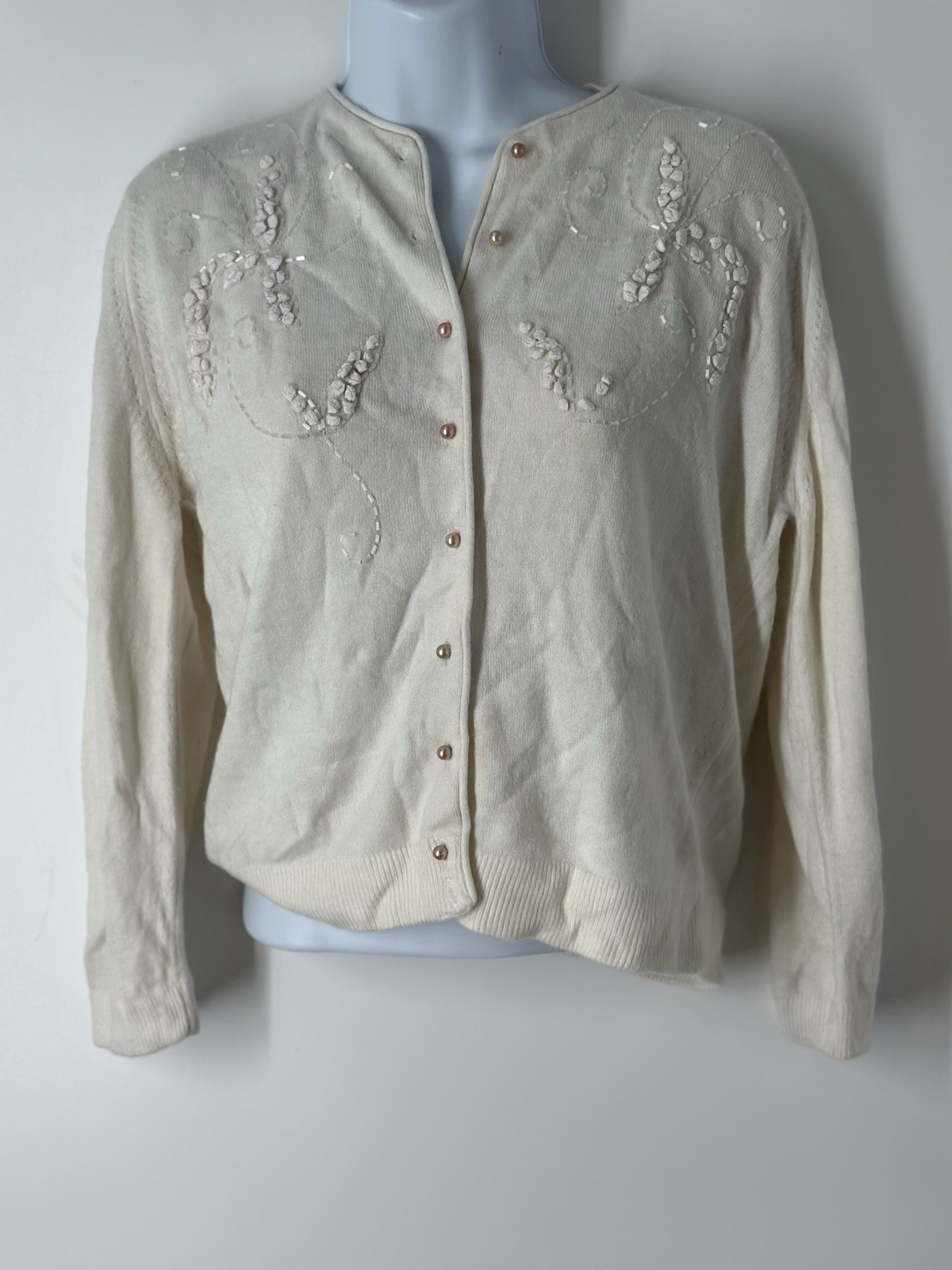 1950s Ivory Cardigan Pear Beaded Wedding Bridal Honeymoon Wool Sweater 50s VTG