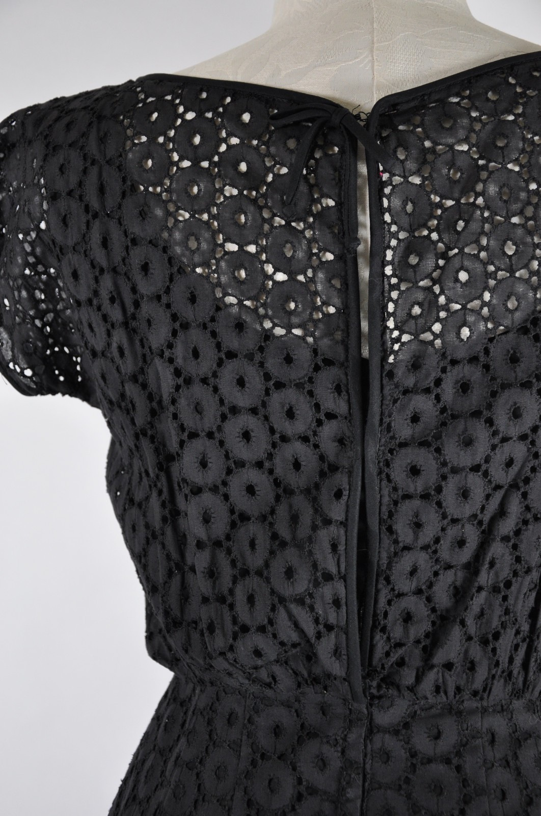 50s Vintage Black Cotton Lace Eyelet Velvet Rhinestone Wiggle Cocktail Dress S