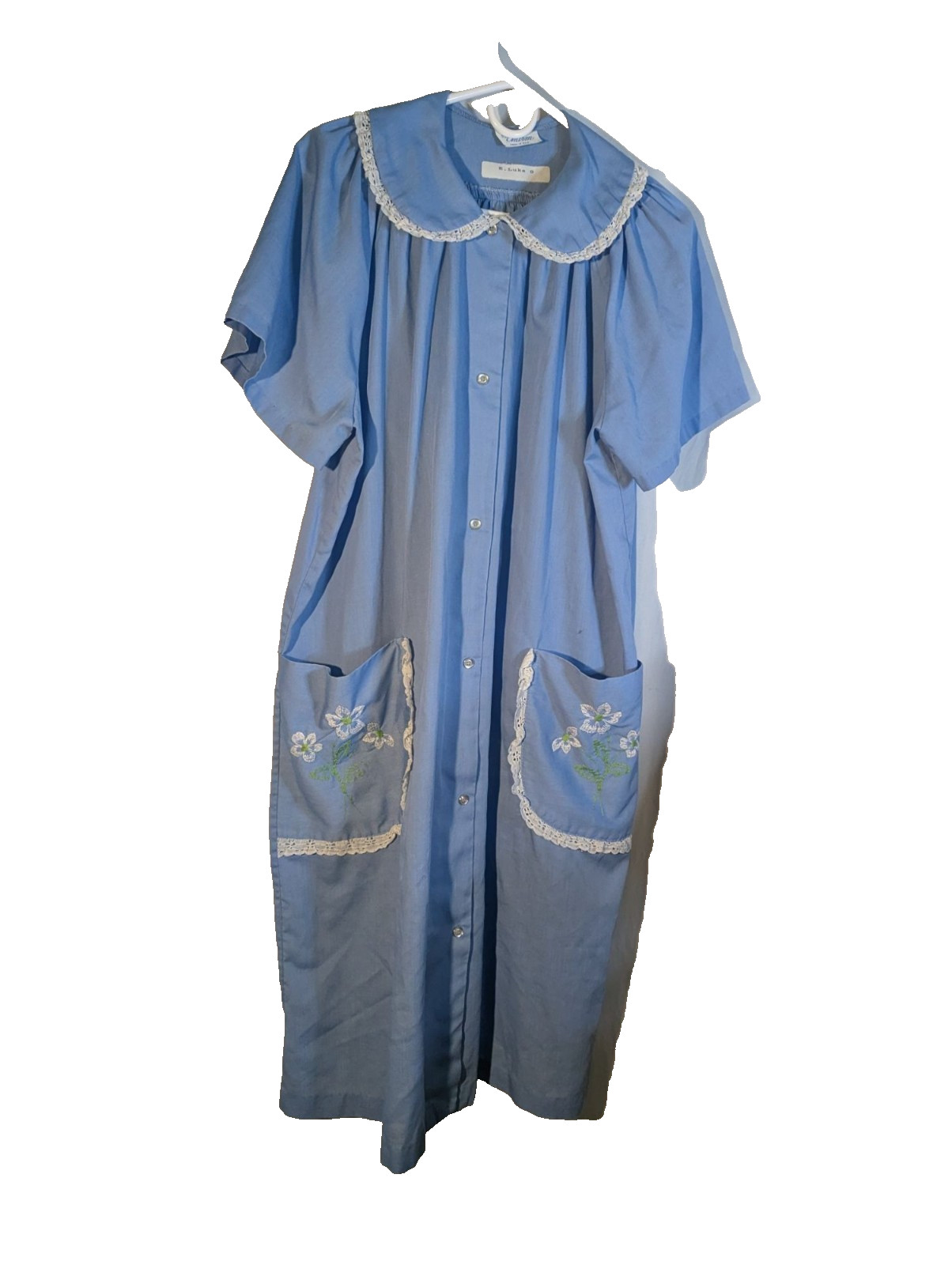Vintage Blue Button-Up House Dress With Lace Trim & Floral Embroidered Pockets