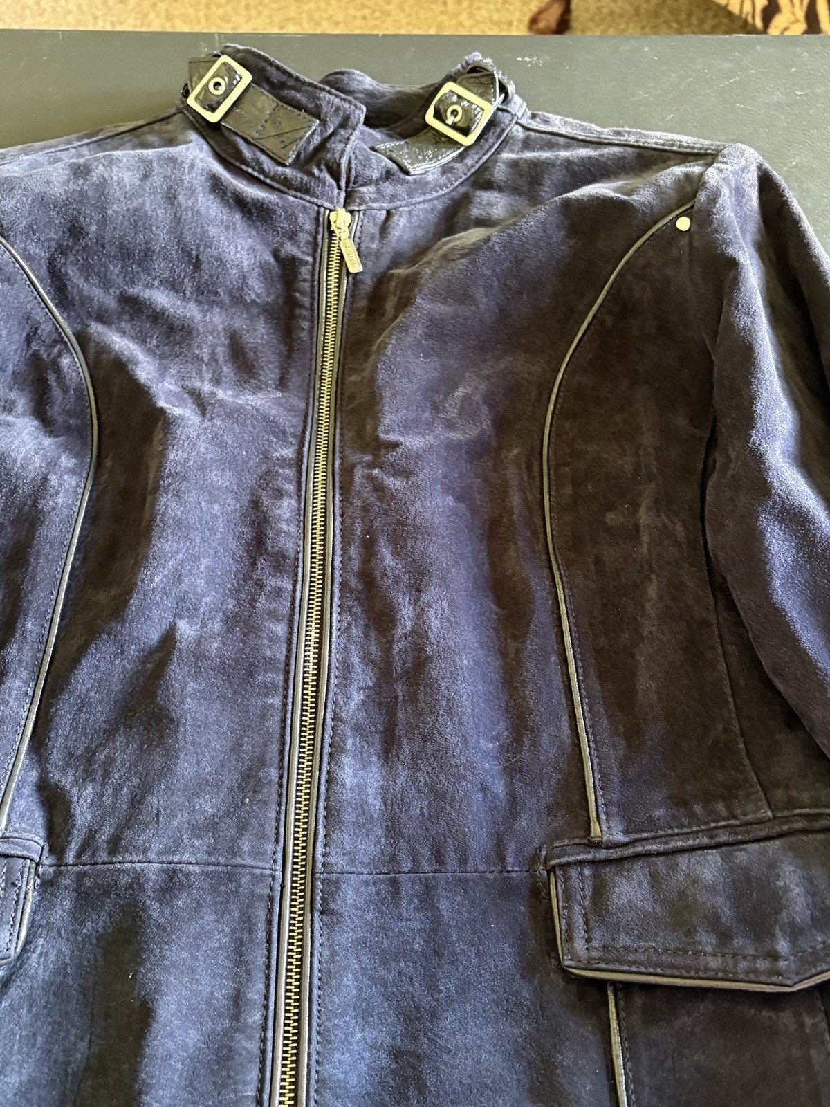 Vintage Bradley Bayou Navy Blue Suede Leather Jacket Plus Size 1X Zipper