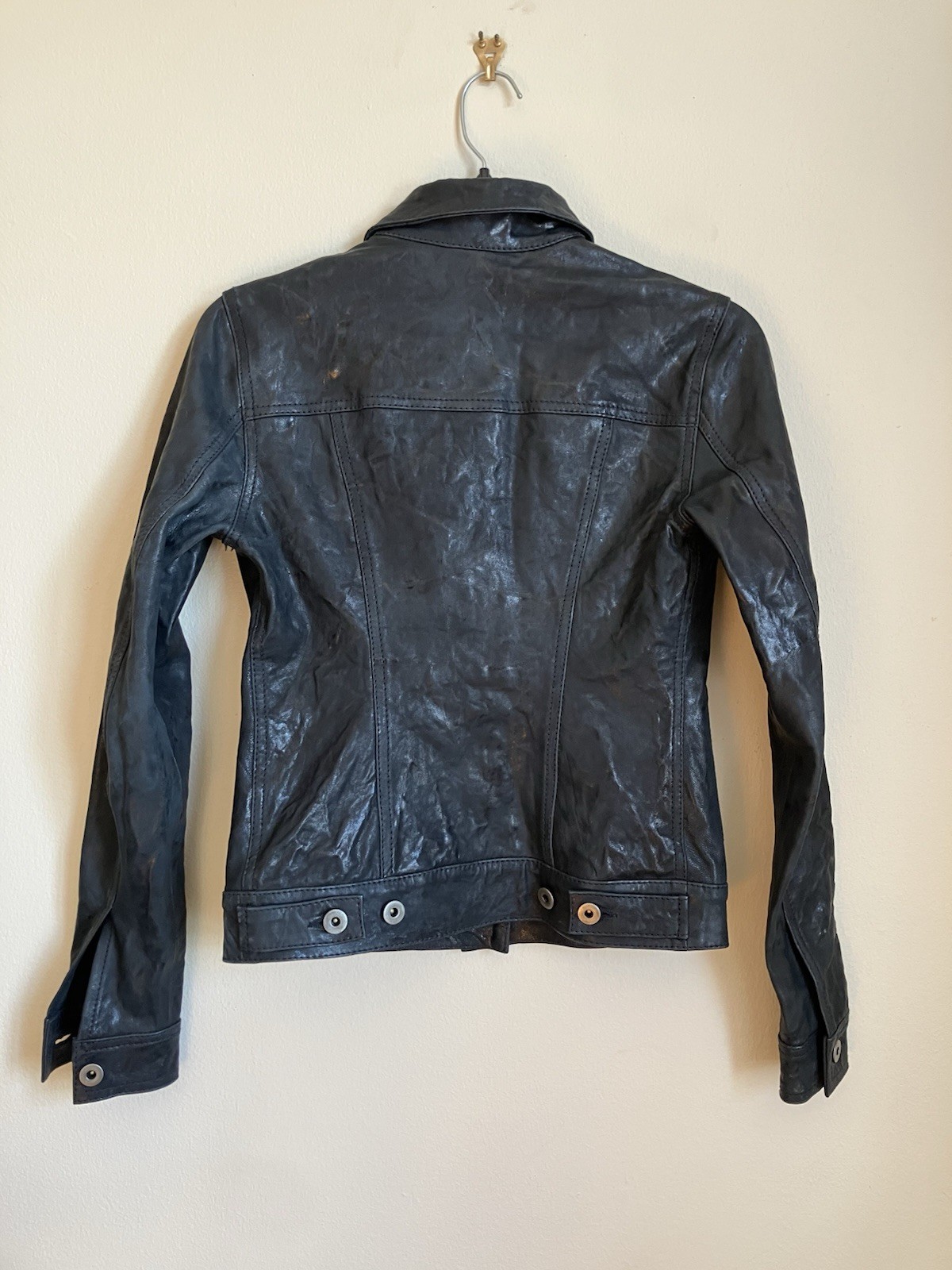 Womens Slim fit Vintage Deep Navy Blue Leather Button-Front Jacket XS
