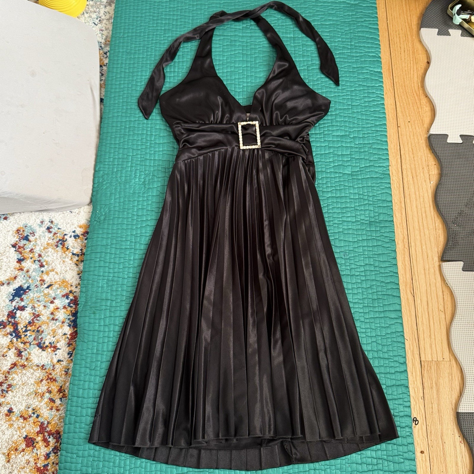 Vintage Y2K Speechless Midi Party Dress Halter Pleated Satin Black Sz S 2000s
