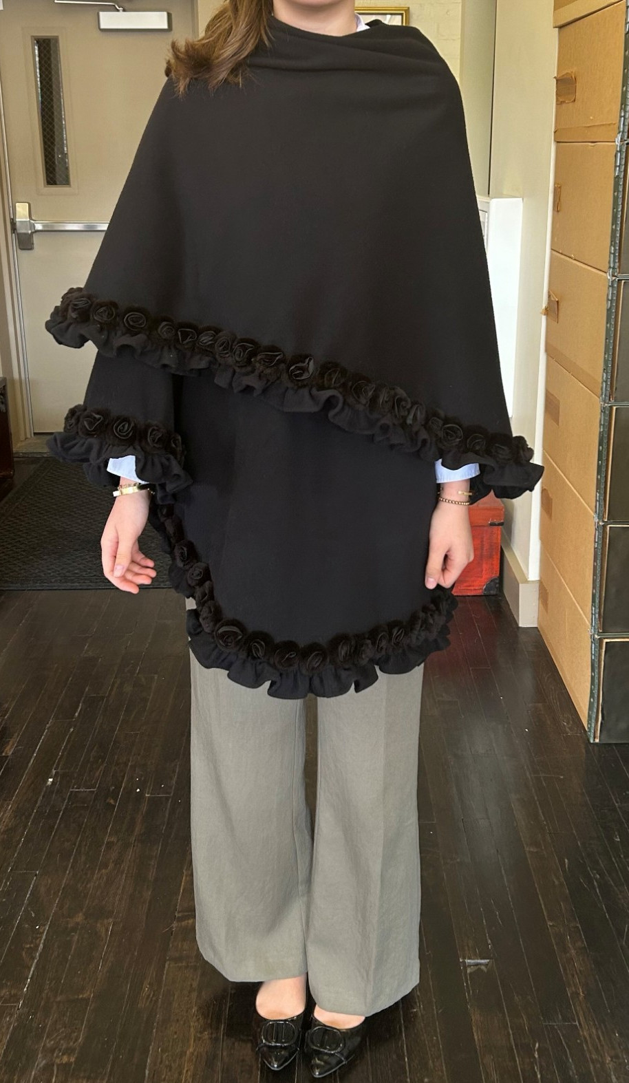 Vintage 1980’s Black Wool Cape Poncho Mink Fur Rosette Trim