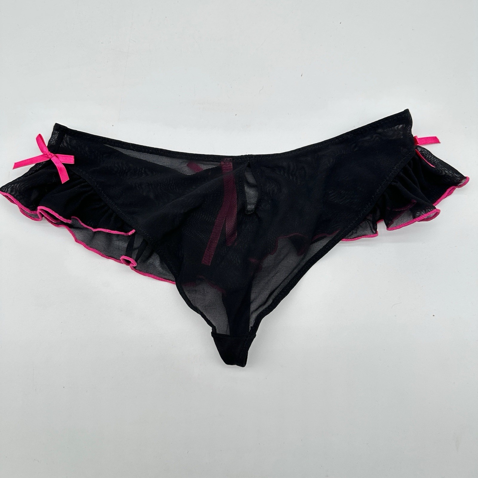 Seven Til Midnight Mini Skirted Mesh Thong Panty Black Pink Bows Keyhole Back L
