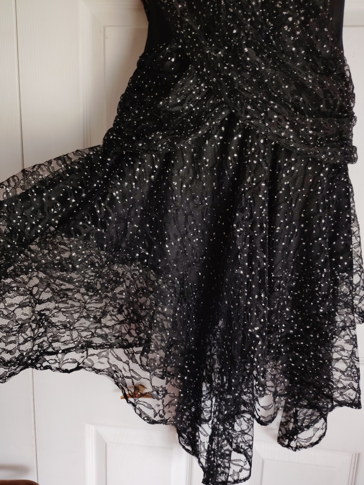 1980 PUNK GOTH FAIRY prom dress black silver lace layers handkerchief 8/10 USA