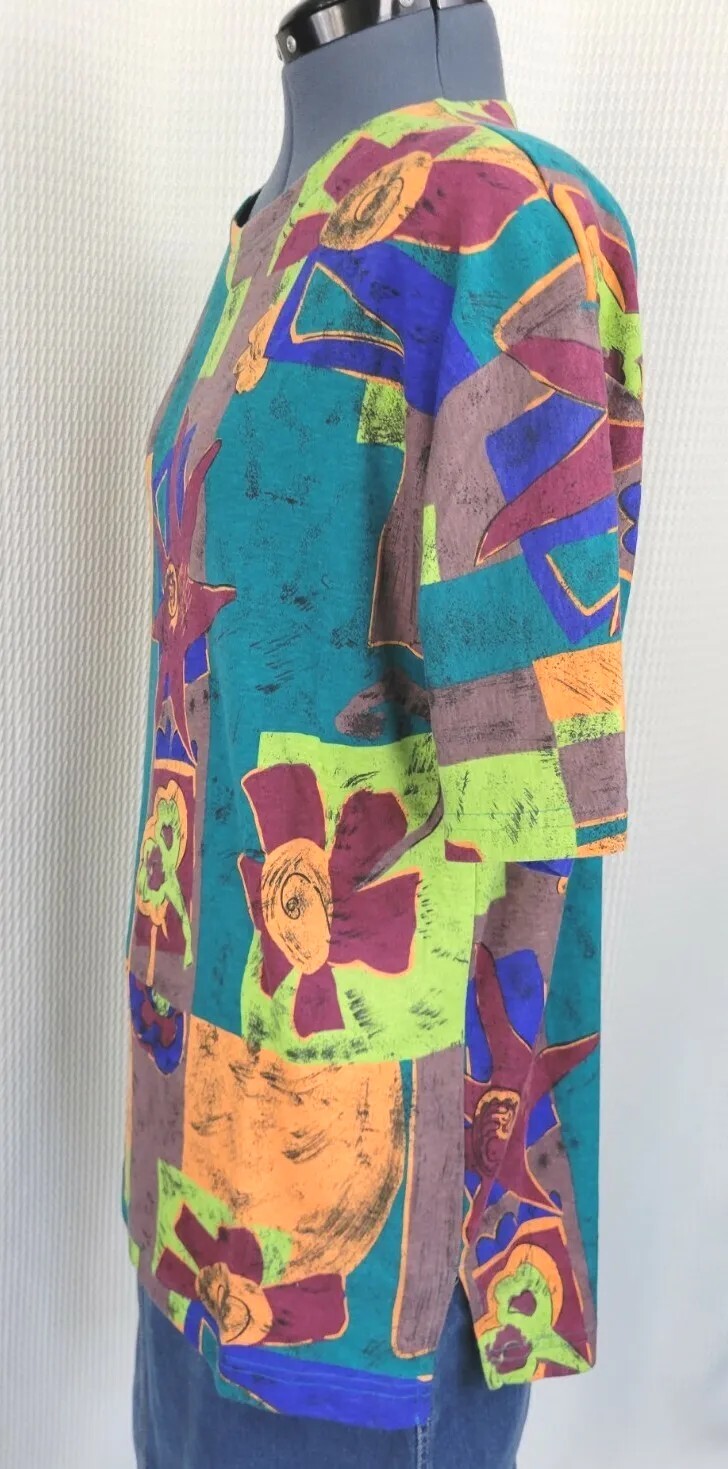 Vintage Forenza Graphic Print Tee in Teal/Burgundy/Orange/Brown/Blue Sz Large