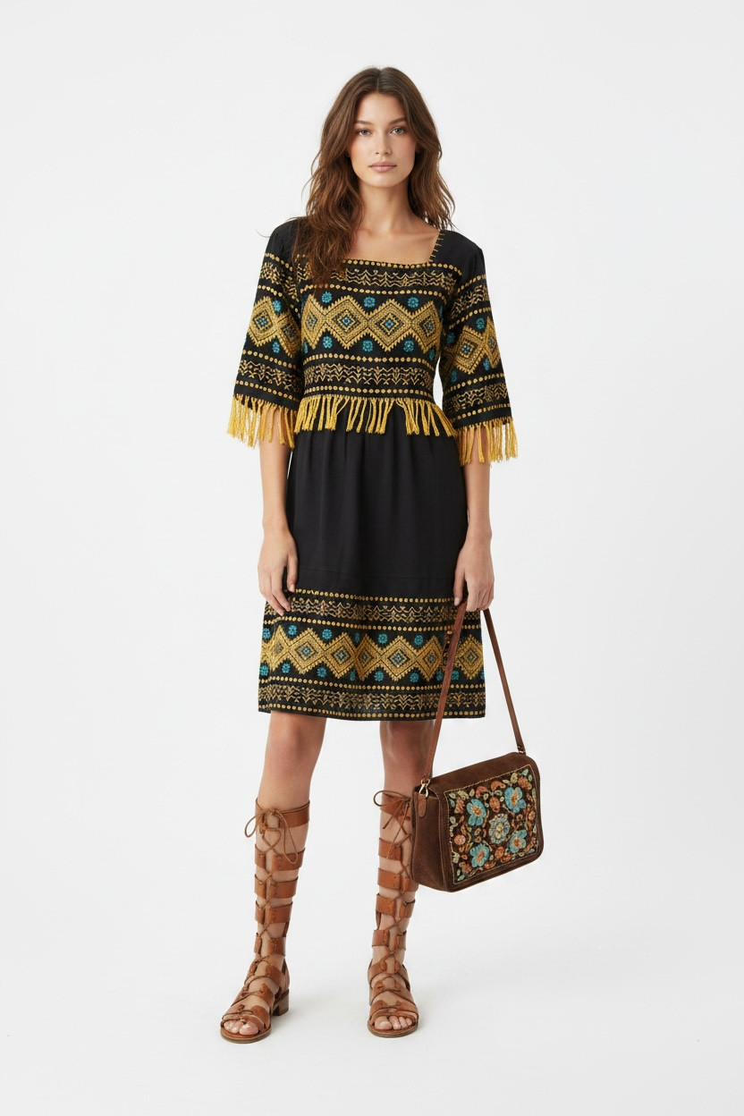 Dress M Vtg 70s Cotton EMBROIDERED FLORAL FRINGE Ethnic BOHO Mexican MIDI OOAK