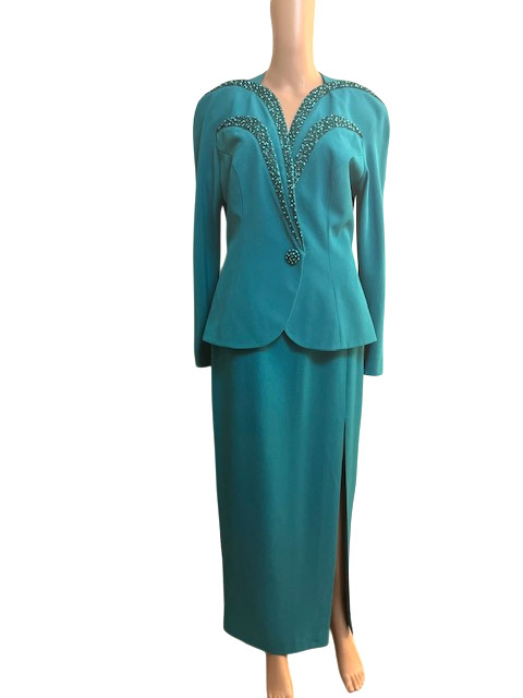 Daymor Couture Teal Beaded Skirt Suit Size 8 Wedding Cocktail Party