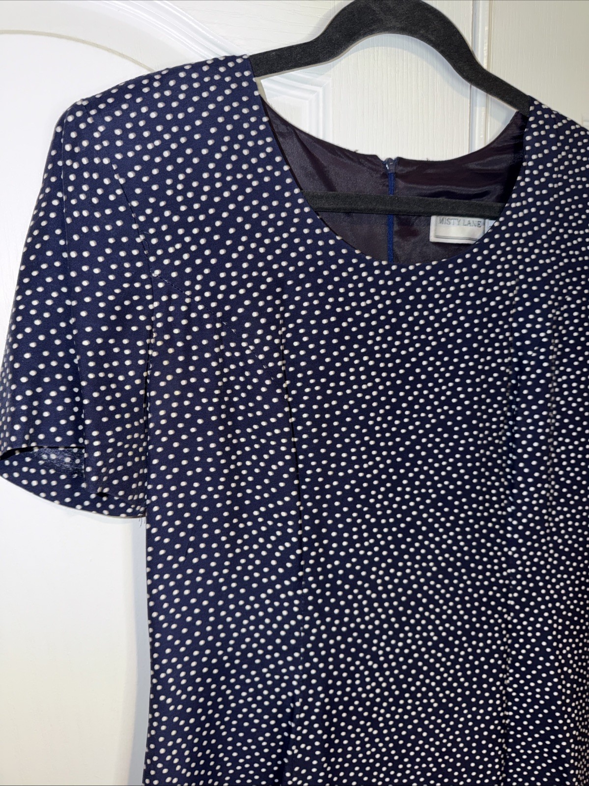 VTG Misty Lane Dress Navy Polka Dot Midi 8 Tie Back 90s Casual Lined Retro USA