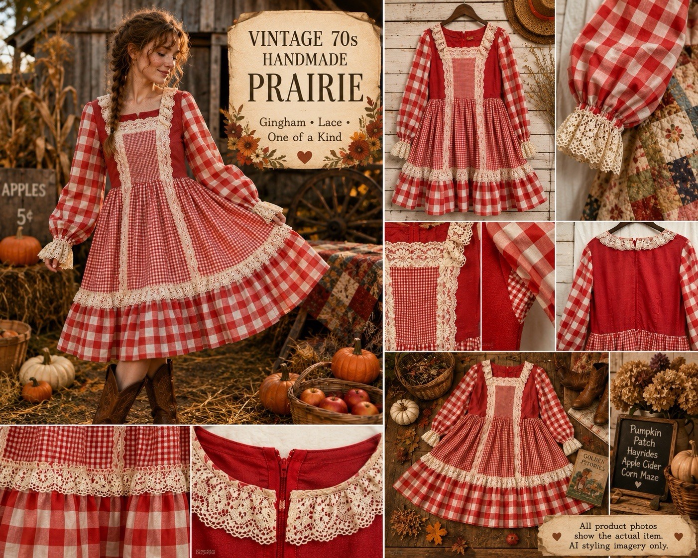 Vtg 70s Handmade Prairie Dress Red Gingham Lace Bib Farmhouse XL Storybook Style