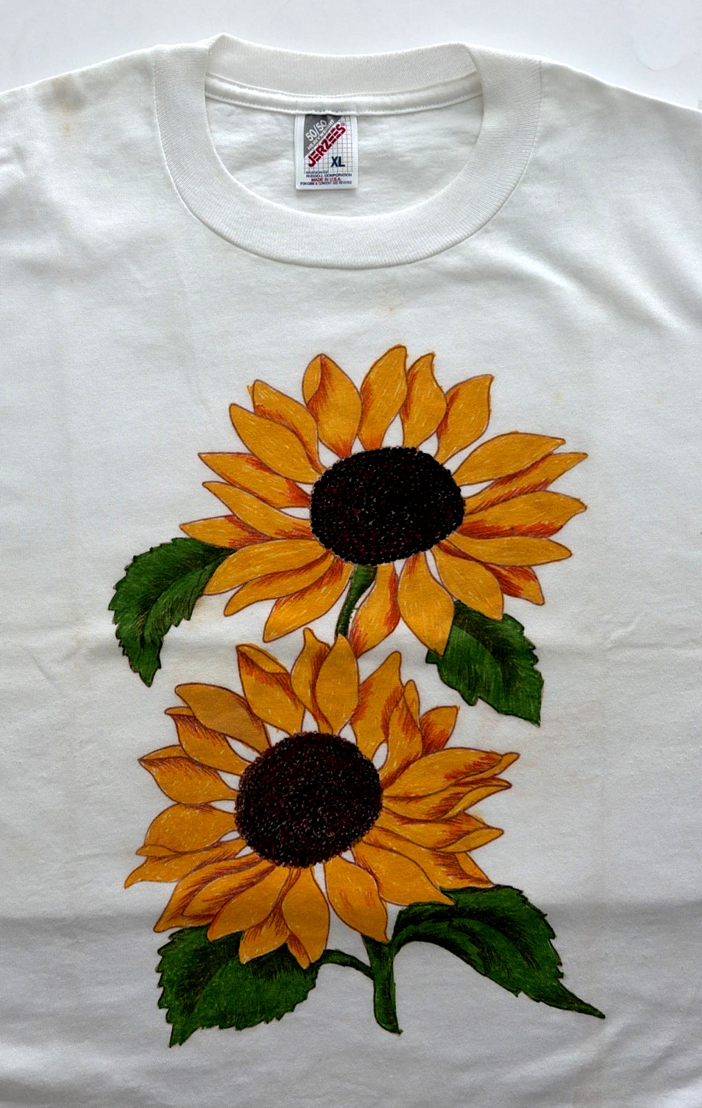 Vtg Jerzees Sunflower T Shirt Grid Flower Hand Painted Graphic Sze XL Yellow