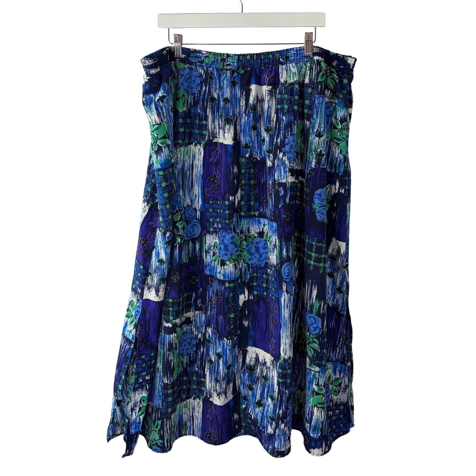 Kensington Square Vintage Blue Green Floral Abstract Midi Skirt Elastic Waist