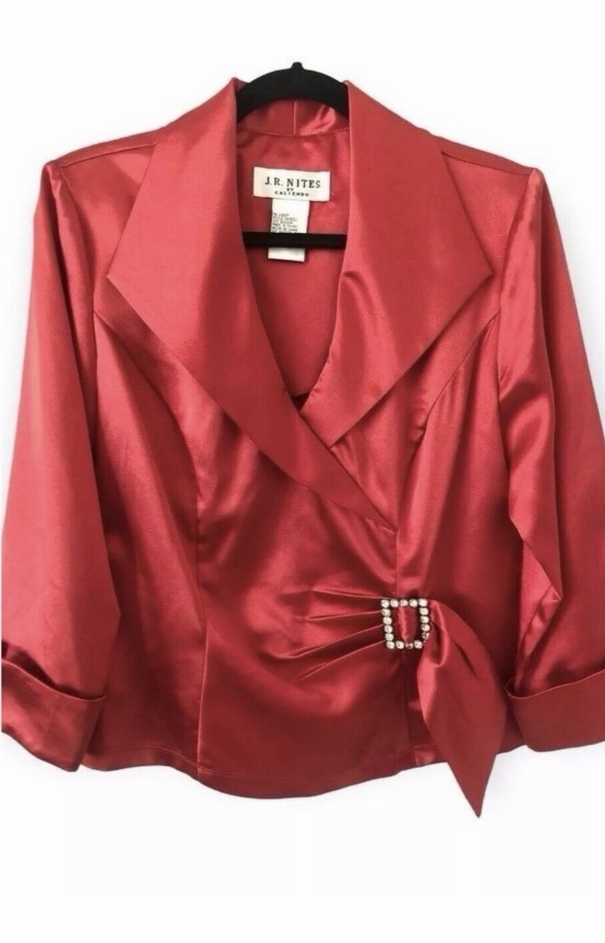 JR Nites By Caliendo Vintage 90s Holiday Red Satin Blazer Jacket Size 12