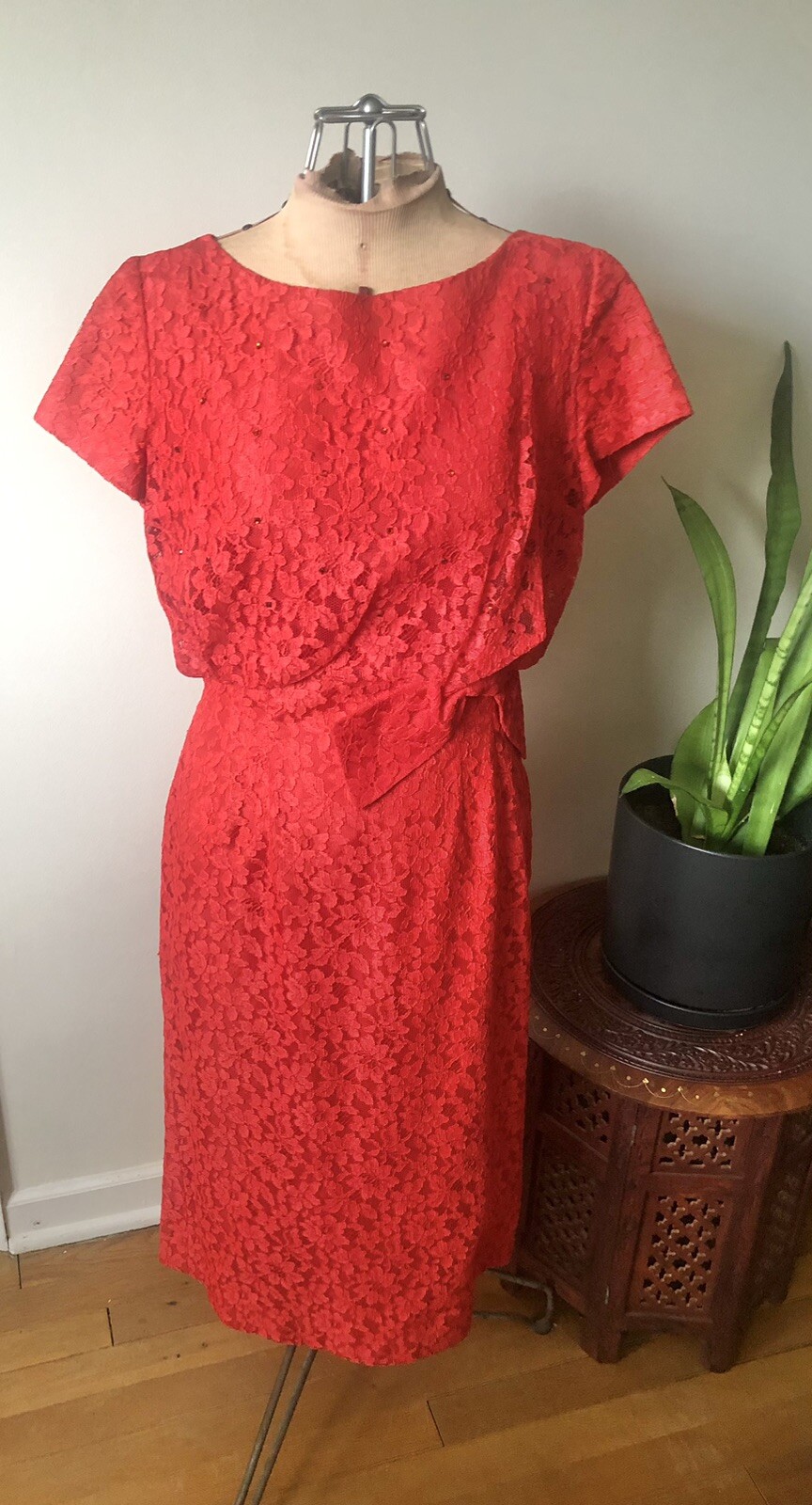 Vintage Lipstick Red Lace Pencil Dress Red Rhinestone Accents, XS/S