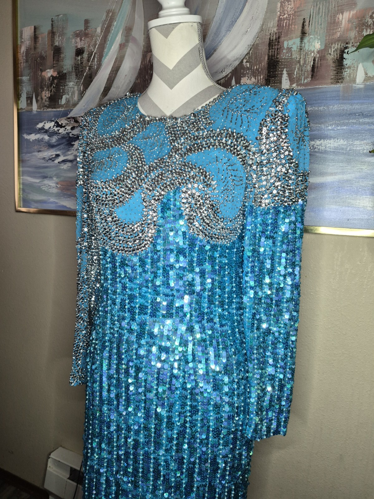Vintage Nite Line Sequin Beaded Turquoise Silver Retro Cocktail Dress