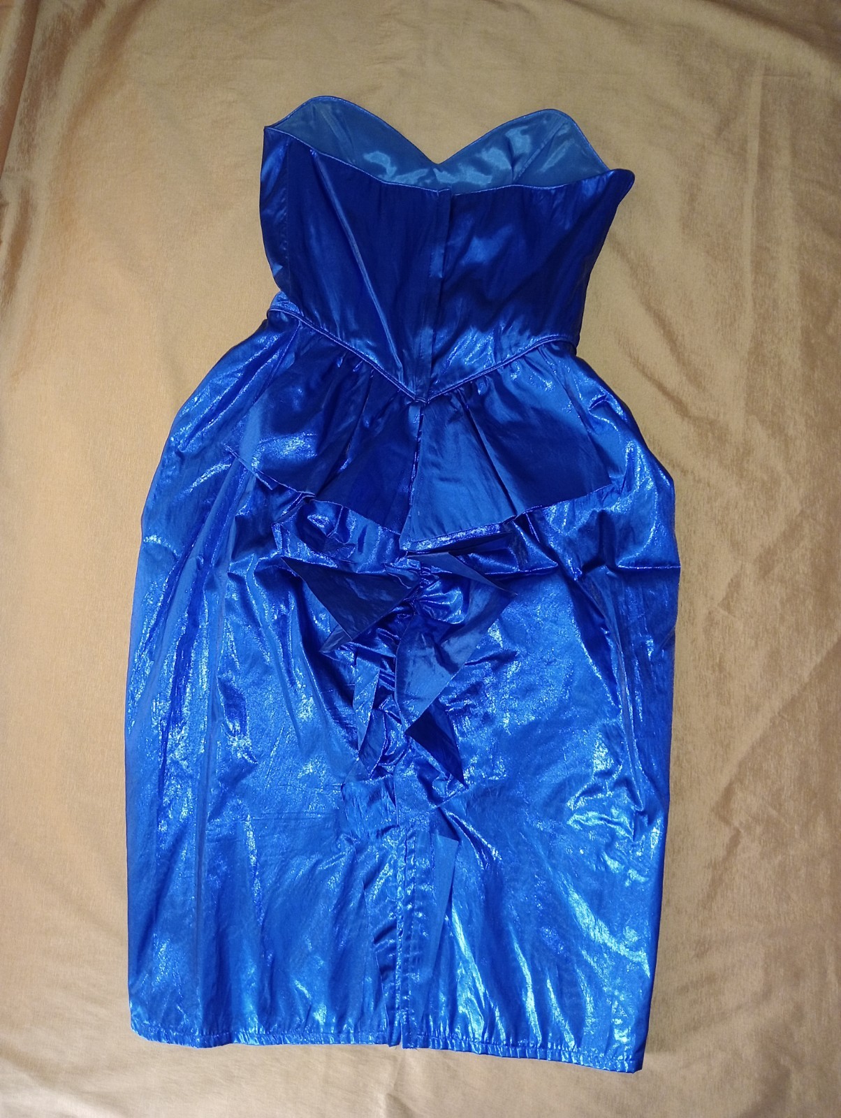 Vtg 80s Couture L.A. GLO dress metallic blue strapless bodycon peplum boning