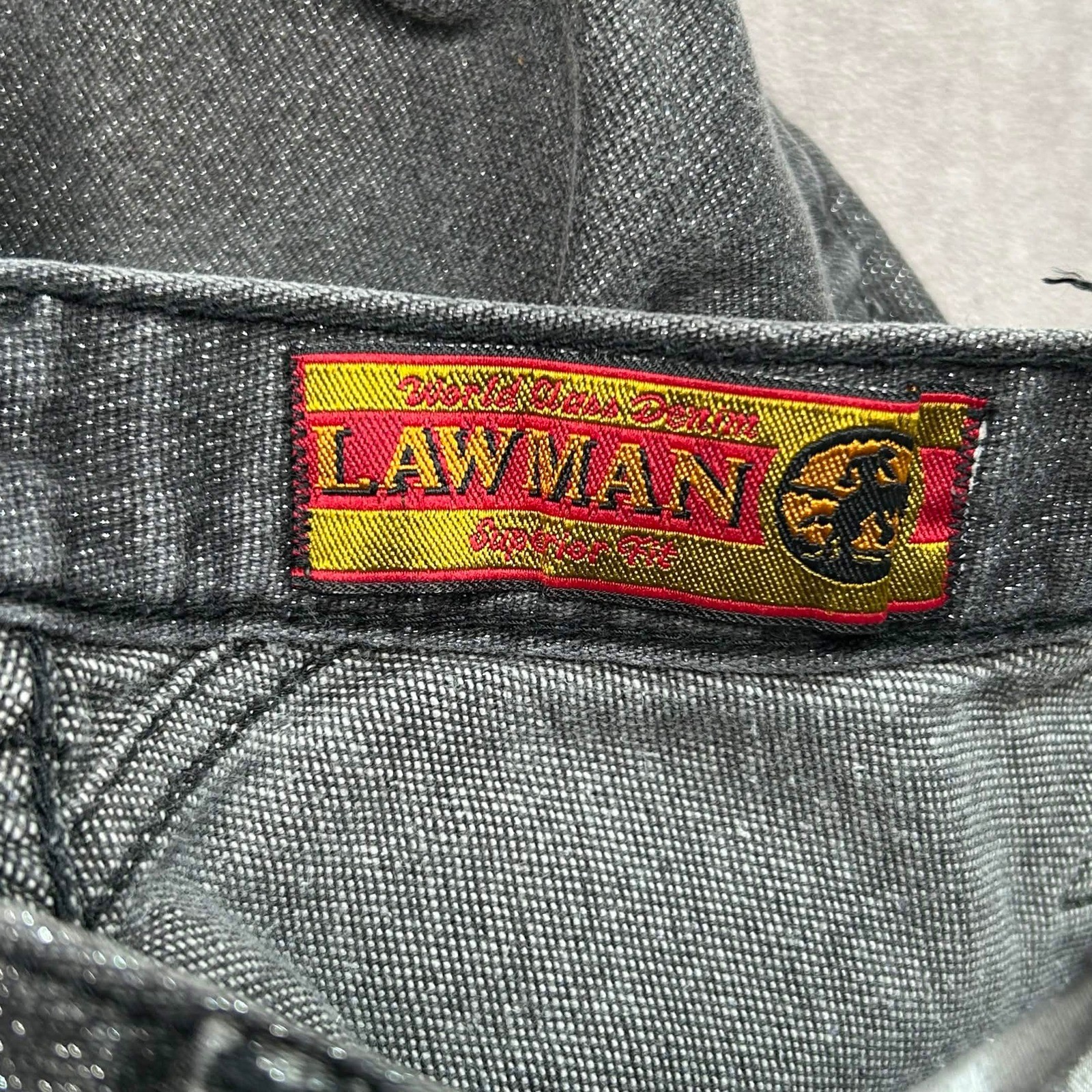 Vtg Lawman Western High Waisted Jeans Washed Black Straight Leg 24″ Hip Detail