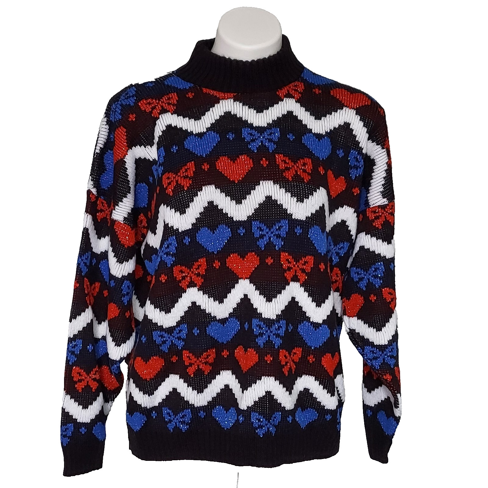 Vintage 1980s Chava! Hearts and Bows Zig Zag Striped Mock Turtleneck Sweater USA
