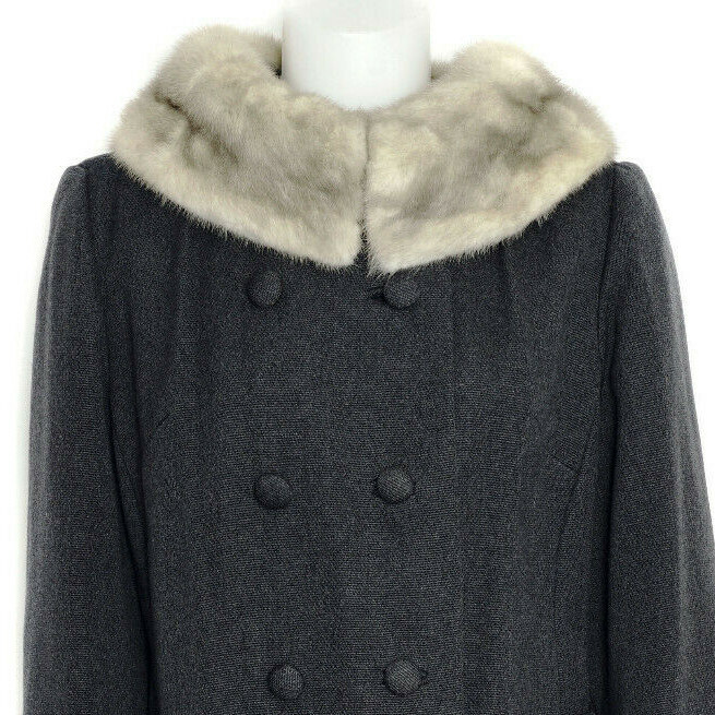 Gray Wool Twill Coat w Mink Collar Vintage 50s Furchgotts Hand Tailored Fits 8