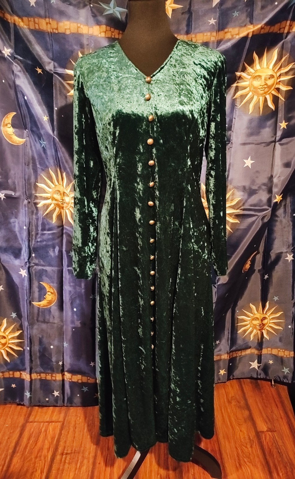 Vintage Green Crushed Velvet Button Lace Up Maxi Dress Whimsigoth Witch Boho -12