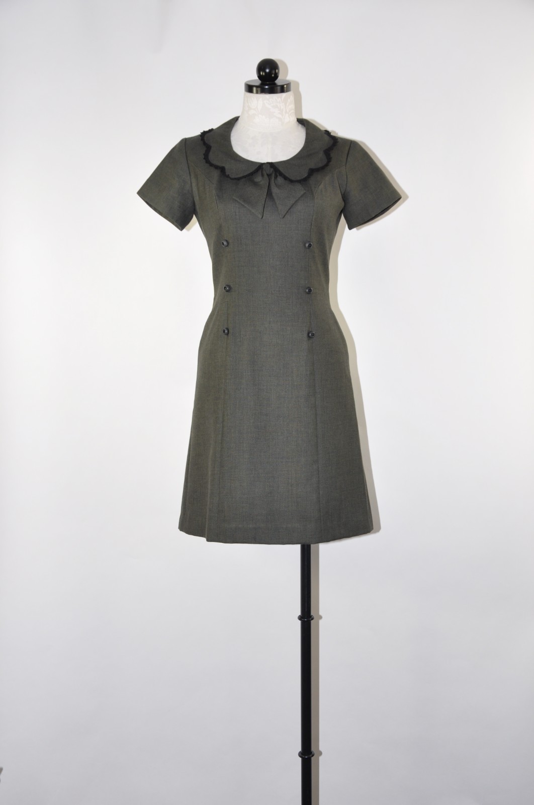 60s Vintage Dark Green Cotton Canvas Scallop Peter Pan Collar Mod Dress Women S