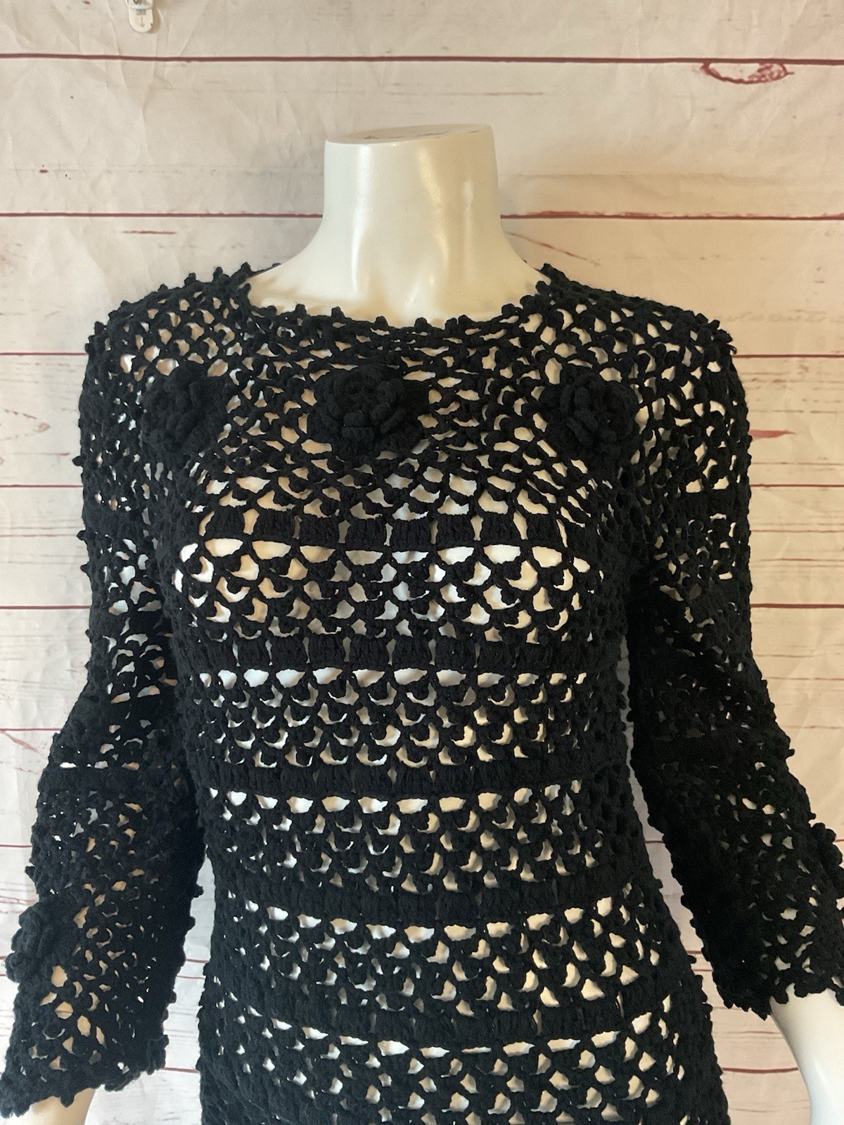 1970s True Vintage Leroy Califorina Black Hippie Crochet Top Bell Sleeve S