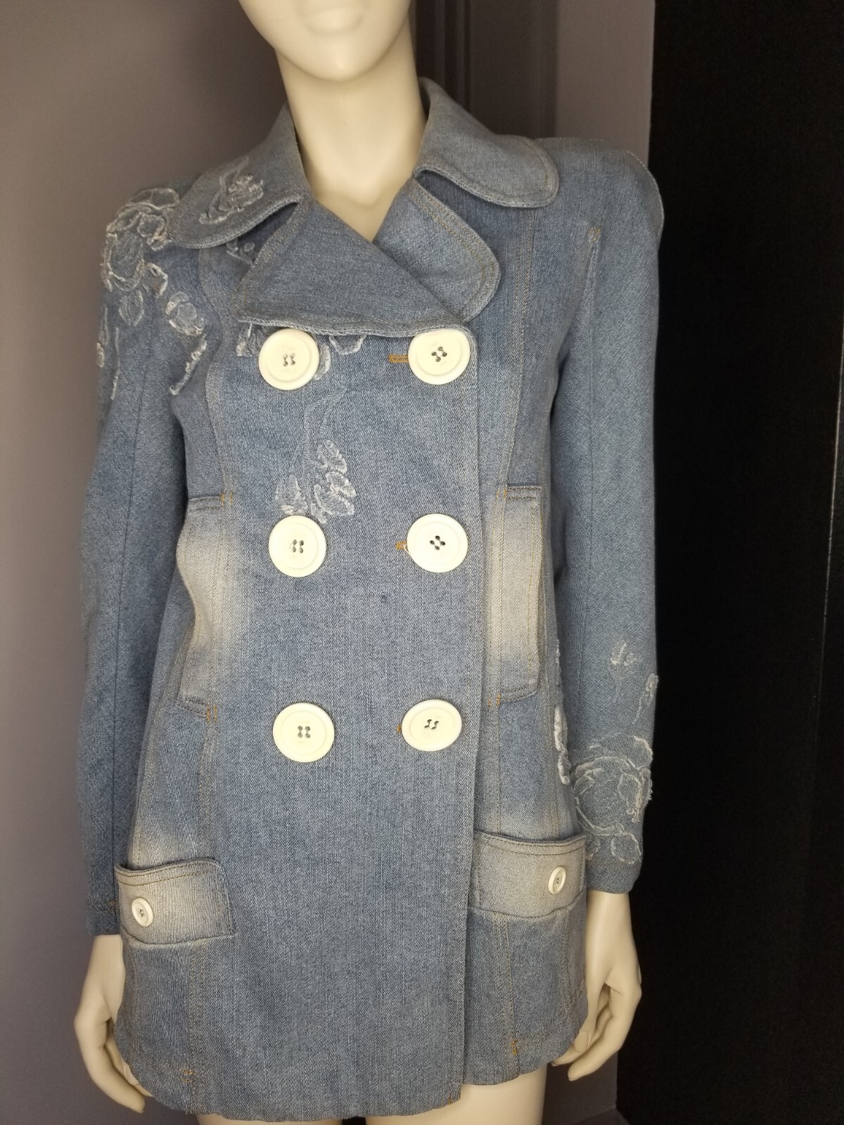 Vintage 2005 John Galliano Dior Floral Denim Jacket Coat Shoulder Pads 38 6