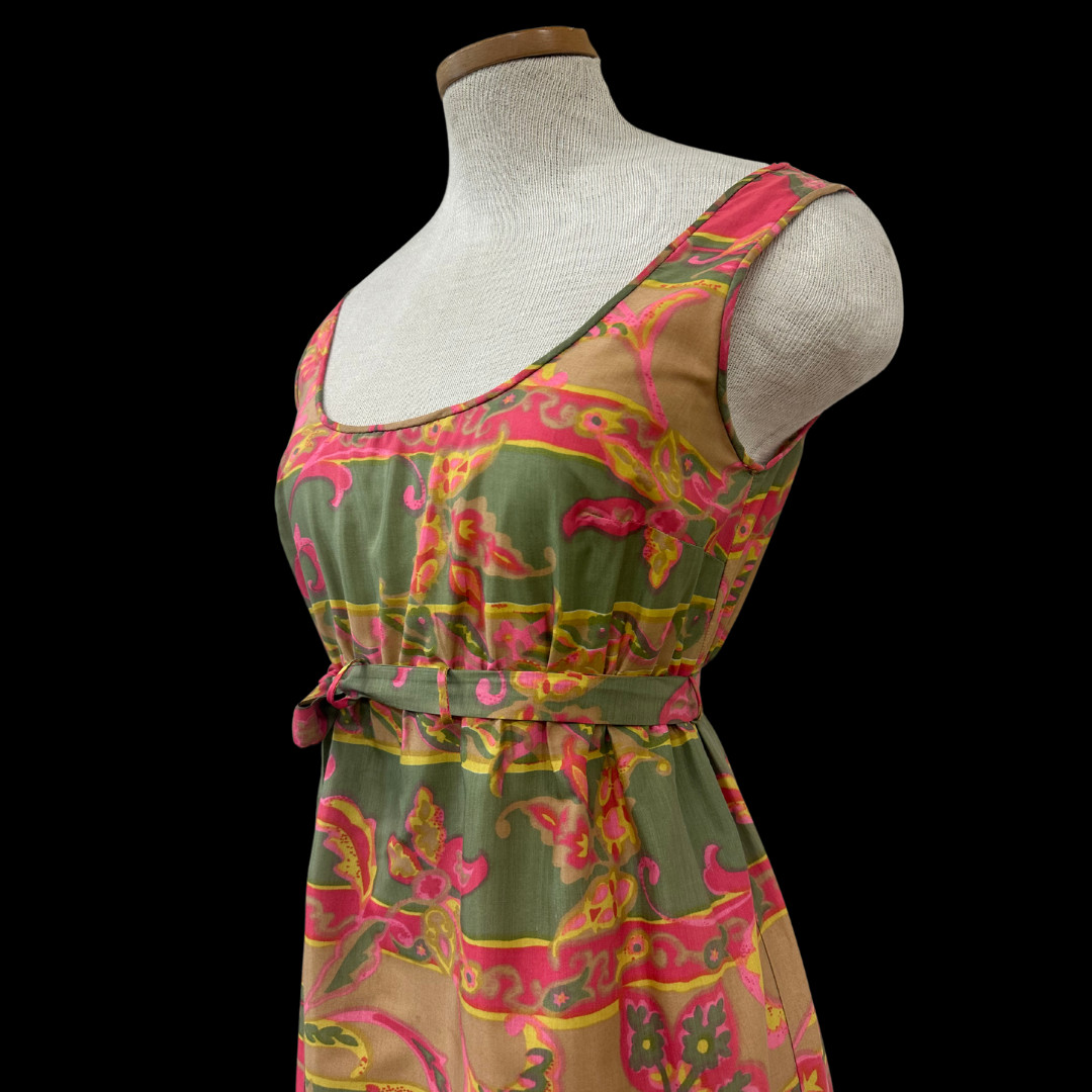 Vintage 60s Eyeful by the Flaums Paisley Maxi Dress with Ruffle Trim & Tie Belt