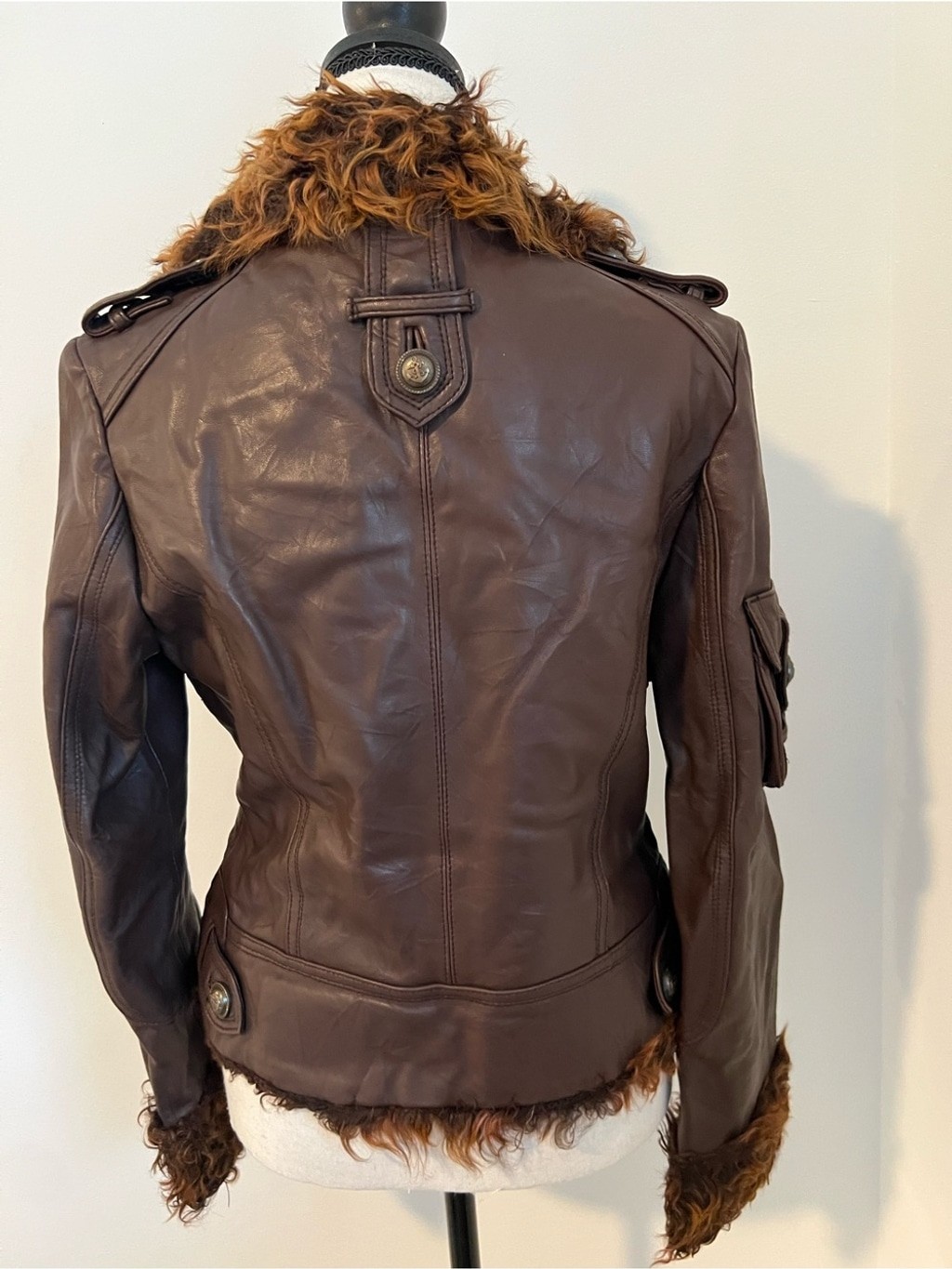 Vintage Brown Genuine Leather Shearling Moto Jacket Fur Collar Toggle Size XS-S