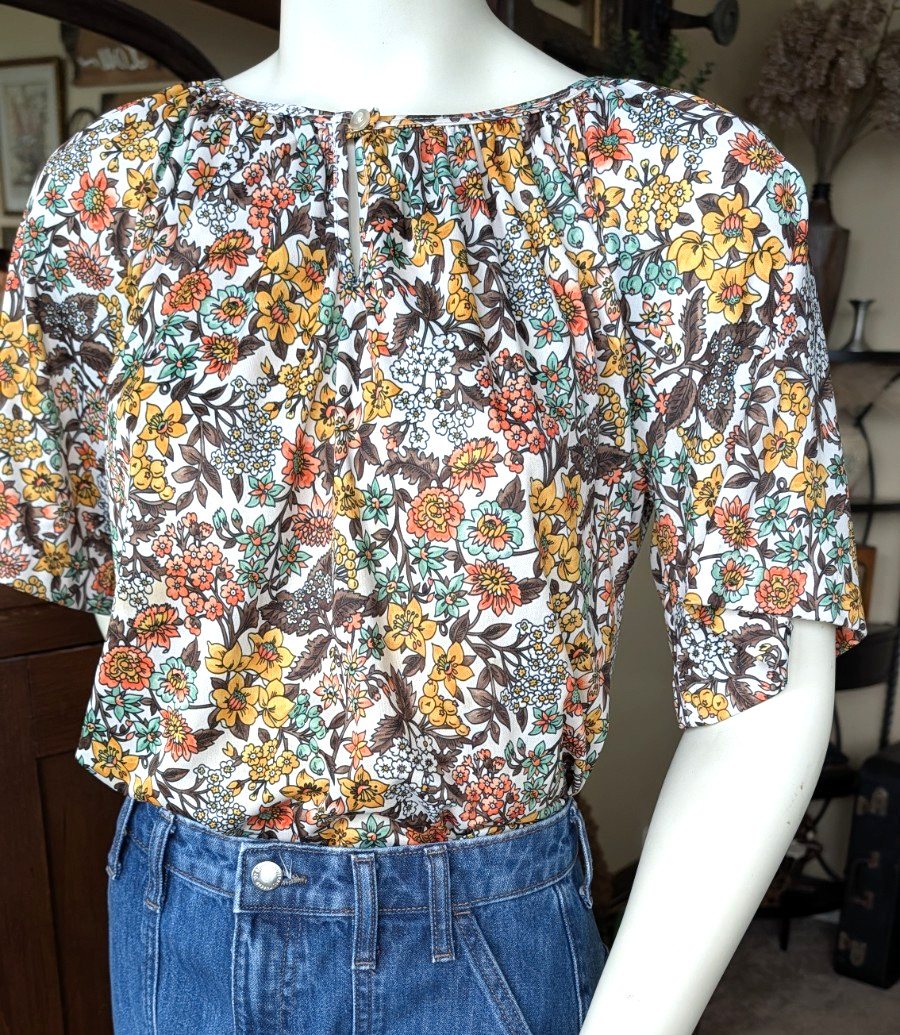 Vtg 70sBohemian Boho botanical floral Festival top shirt short sleeve Orbit L