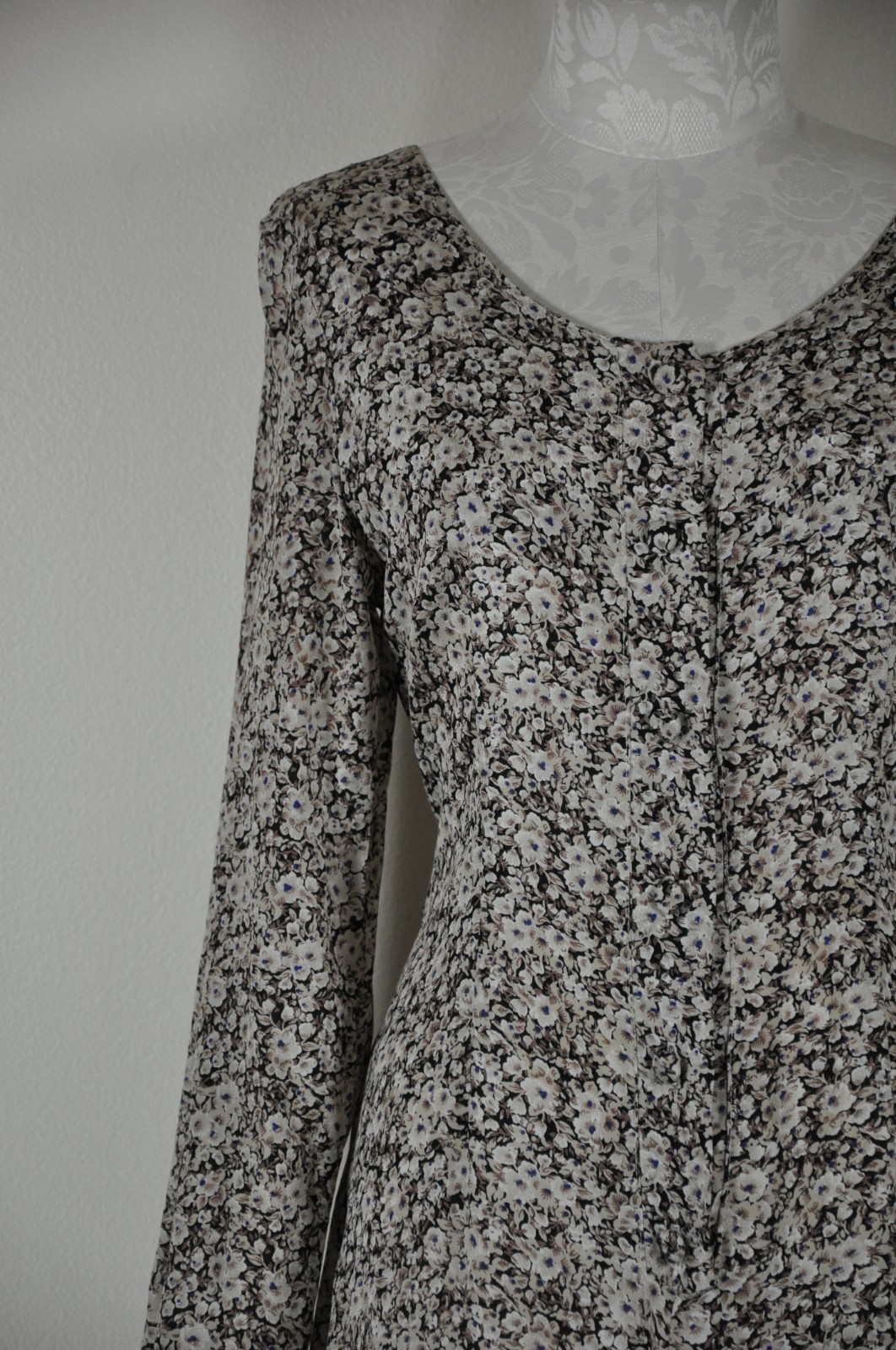 90s Vintage Brown Romantic Floral Long Sleeve Tie Back Grunge Dress Women S M