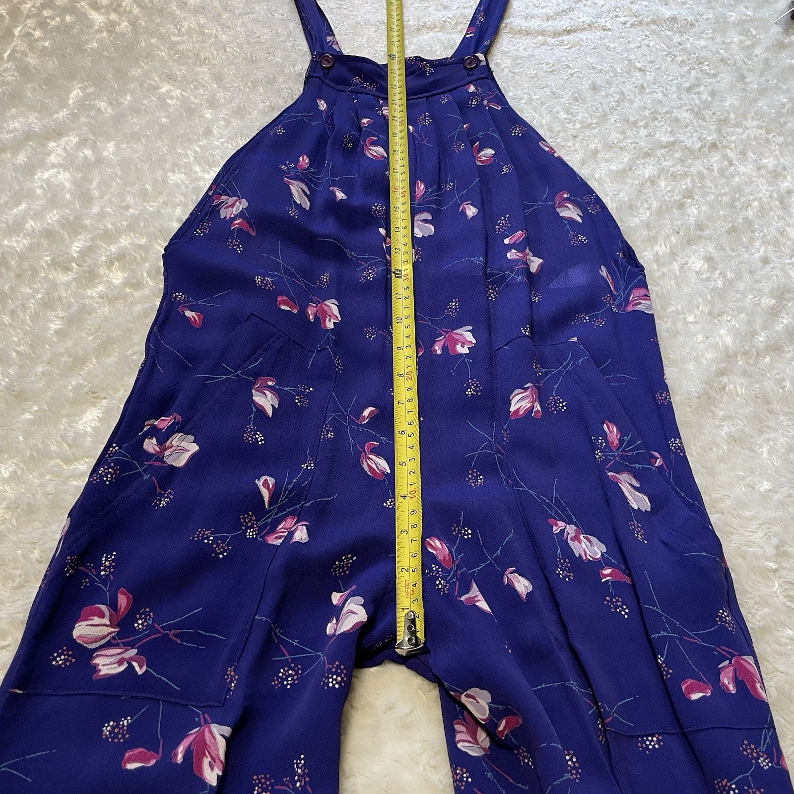 vintage 70s purple floral rayon pleated wide-leg hippie boho overall jumpsuit S