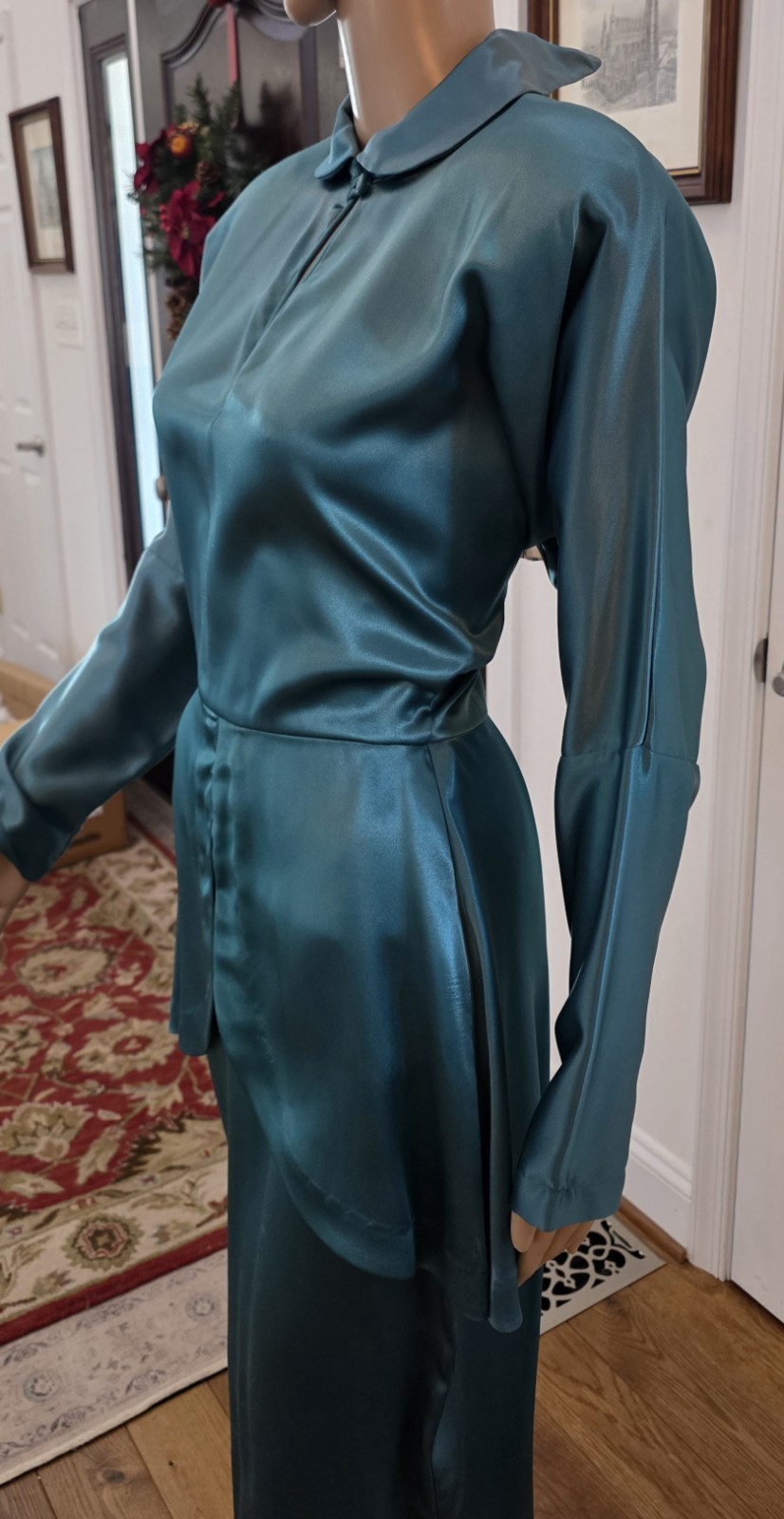 Unique Vintage 1980s Norma Kamali Green Satin Cocktail Midi Dress with Peplum