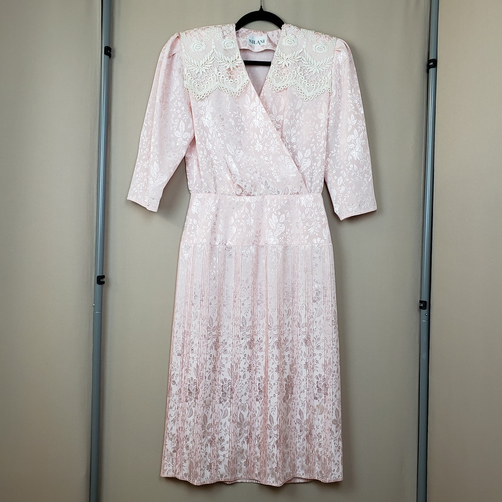 Vintage 80s Dress 4 Pink Satin Lace Trim Pencil Skirt Tea Party Church Romantic