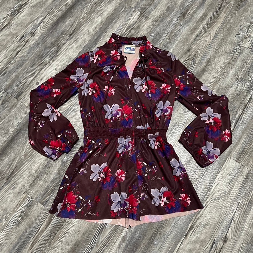Vintage 70s Jackie O Floral Mini Dress Smocked Waist USA